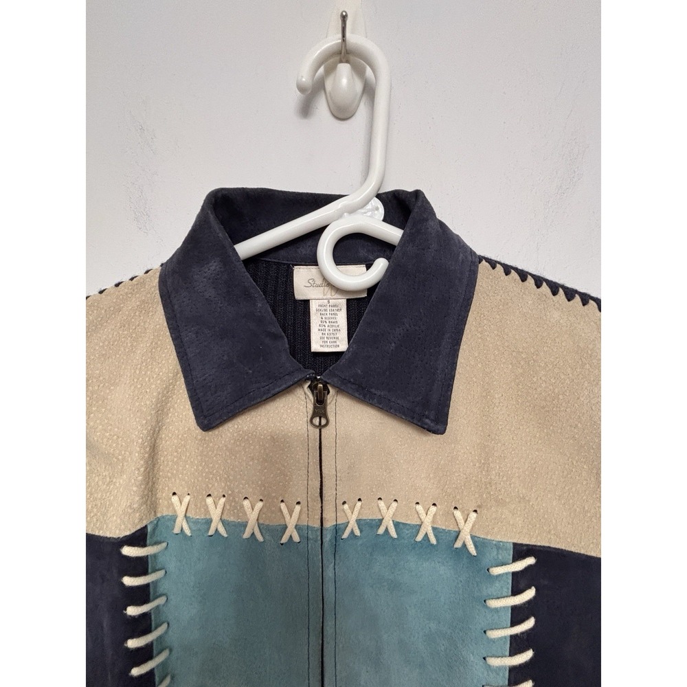 Big Studio Works Small Women's Leather Patchwork Blue Gray Full Zip Whipstitch - Picture 3 of 10